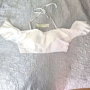 White off the shoulder women's Bardot swimsuit top (plus size)